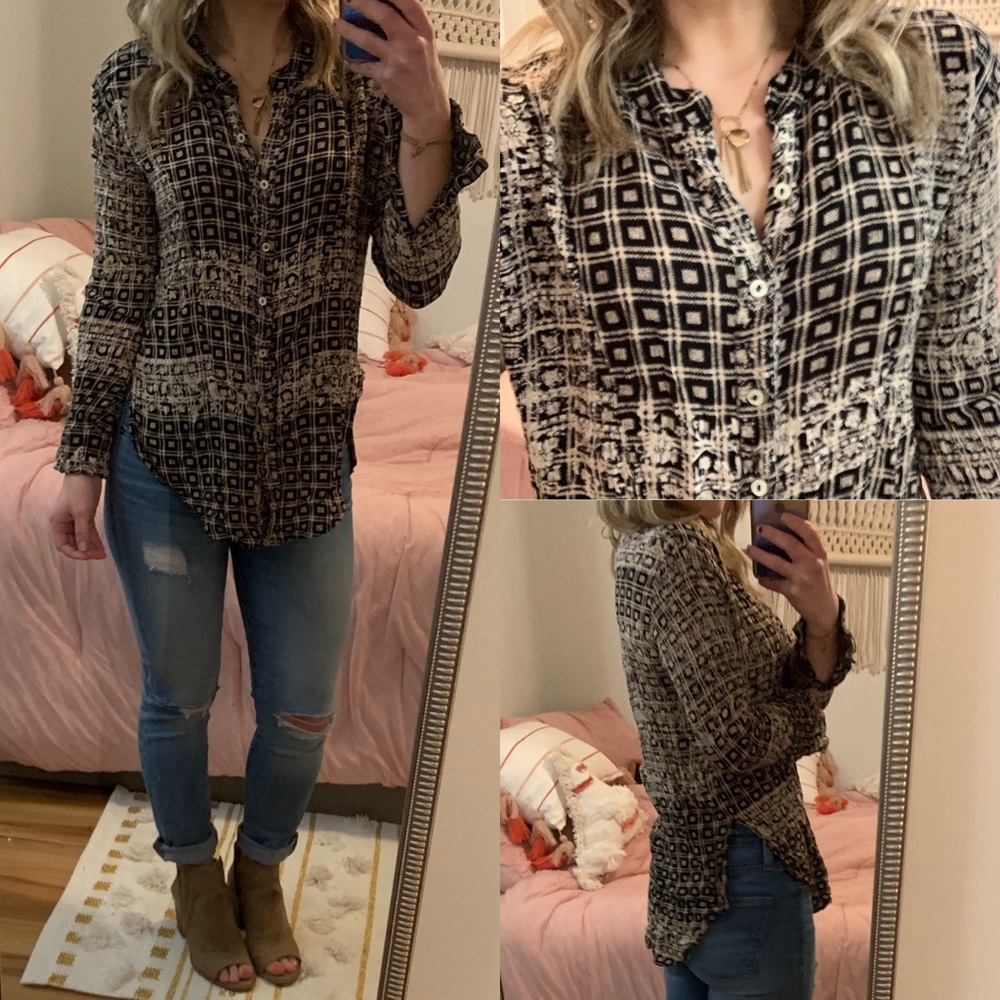 Free People Black Beige Geometric Printed Floral Button Down Side Slit Top XS